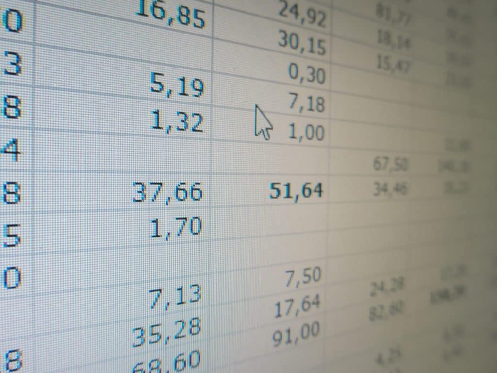Detailed view of an electronic spreadsheet with numbers, columns and rows. Big data